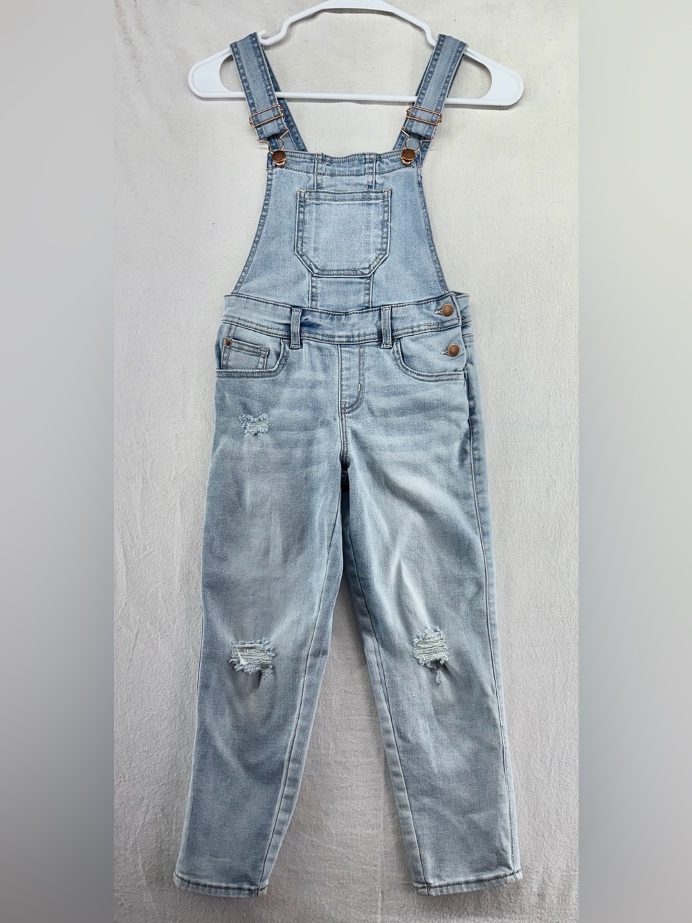 Wonder Nation Girls Denim Overalls Size 6/8 Distressed Patched Pockets Blue